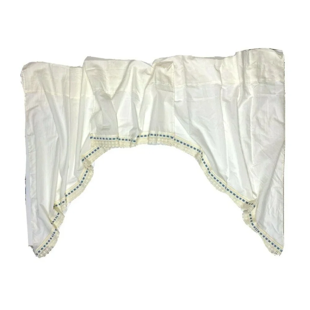 Vintage Set Window Treatments Curtains Valances White Blue Farmhouse Shabby Chic